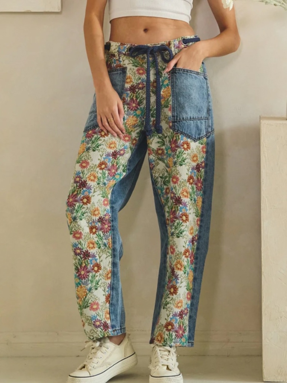 Oli & Hali Floral Patchwork Ankle Pants in Blue, Green, Yellow - Picture 9 of 16